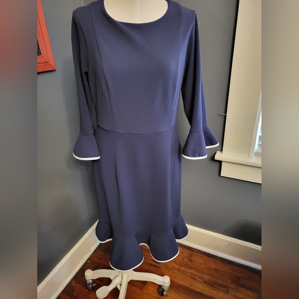 Navy and white dress with ruffle